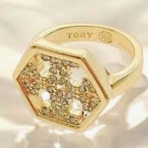 New Tory Burch Hexagon Pave Crystal Ring in gold-tone metal Size 7 with Tag